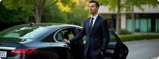 Professional chauffeur in a black suit stands beside a sleek black sedan, holding the rear door open—ready to provide luxury Denver car service with style and reliability in a quiet urban setting.