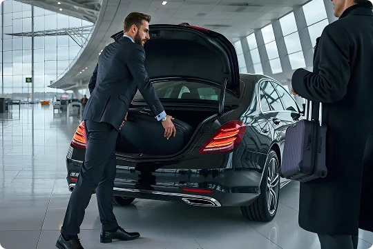 Chauffeur in a suit loads luggage into the trunk of a luxury black sedan inside a modern airport terminal, while a traveler waits nearby with a carry-on—capturing seamless, premium airport transfer service