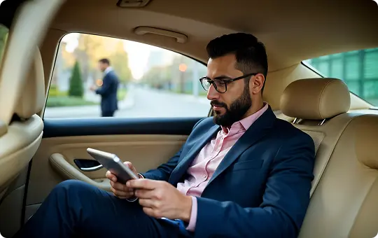 Man in a navy-blue suit rides in the backseat of a luxury car, focused on his phone while a chauffeur waits outside—capturing a scene of comfort, privacy, and professionalism on a scenic drive.