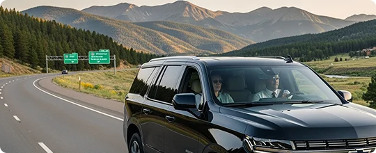 Luxury SUV cruises along a curved highway through pine forests and peaks under golden evening light.