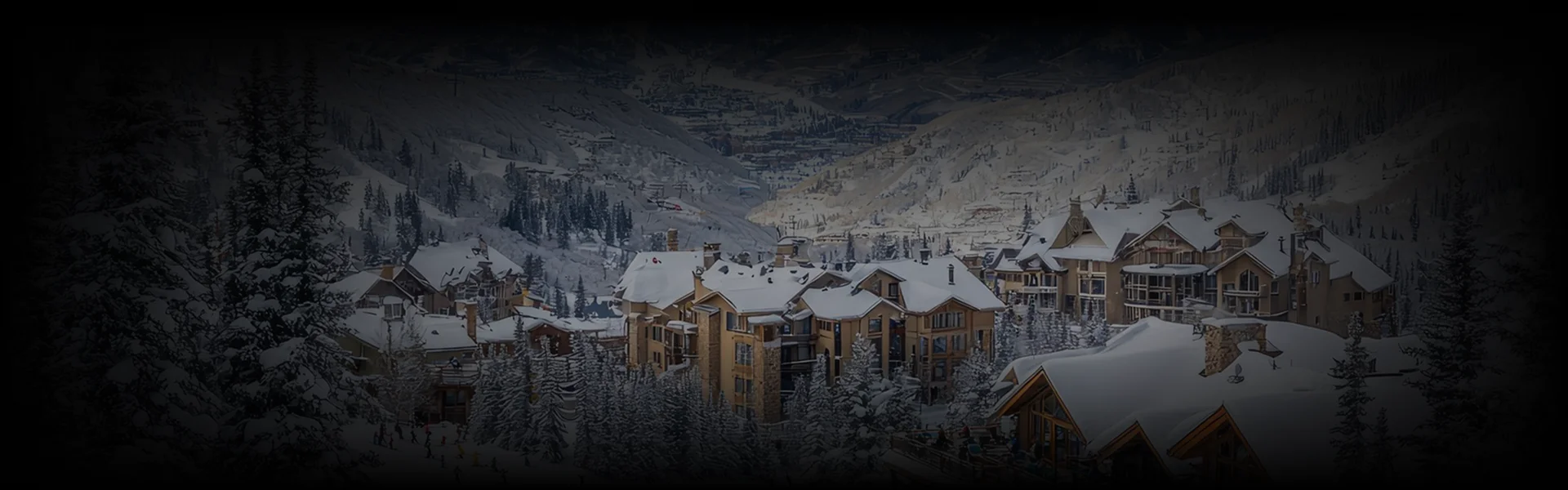 Snow-covered luxury lodges nestled in the mountains of Snowmass, surrounded by alpine trees and ski slopes—showcasing the picturesque beauty along the Denver to Snowmass route.